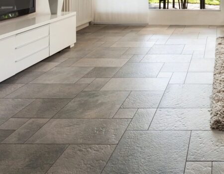 Grey stone tiled kitchen flooring installed by Top Drawer Construction Woking Weybridge Surrey